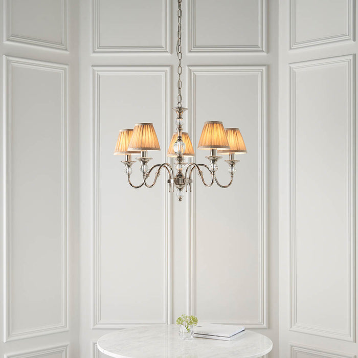 Interiors 1900 Polina nickel 5lt pendant with beige shades