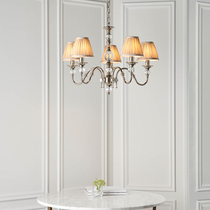 Interiors 1900 Polina nickel 5lt pendant with beige shades