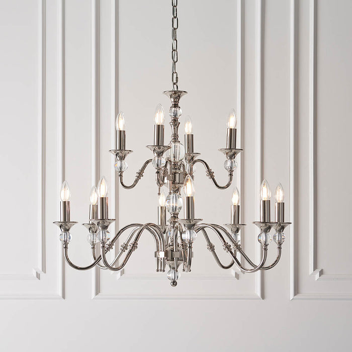 Interiors 1900 Polina nickel 12lt pendant with beige shades