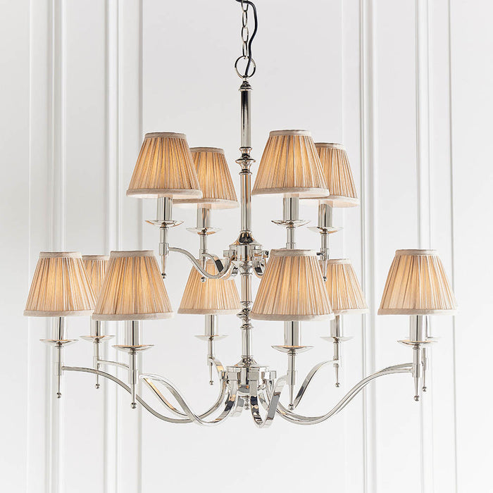 Interiors 1900 Stanford nickel 12lt pendant with beige shades