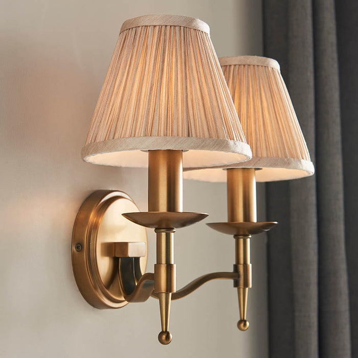 Interiors 1900 Stanford antique brass Twin wall light with beige shades