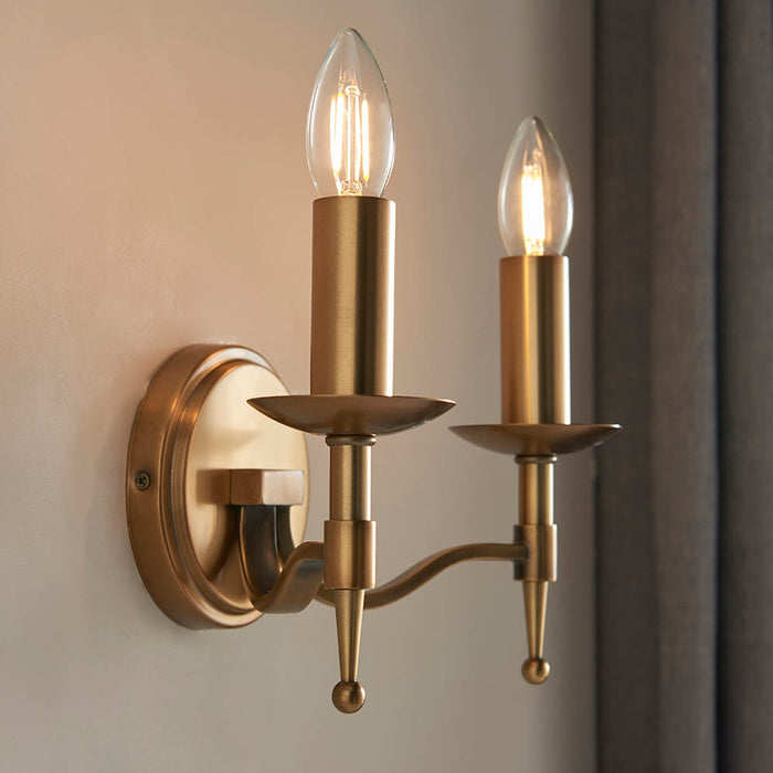 Interiors 1900 Stanford antique brass Twin wall light with beige shades
