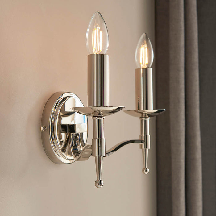 Interiors 1900 Stanford nickel Twin wall light with beige shades
