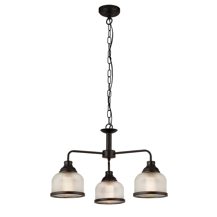 Searchlight  1683-3BK Highworth 3Lt Pendant - Black Metal & Holophane Style Glass