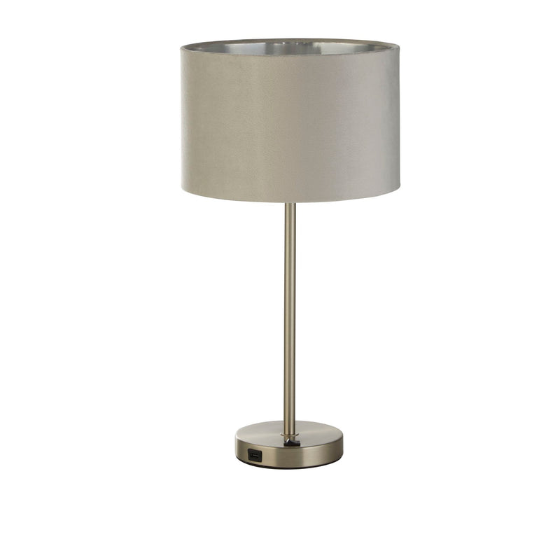 Searchlight  58911GY Finn USB Table Lamp - Satin Nickel Metal & Grey Velvet Shade