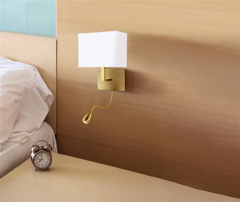Searchlight  6519AB Hotel Wall Light- Antique Brass Metal & White Fabric