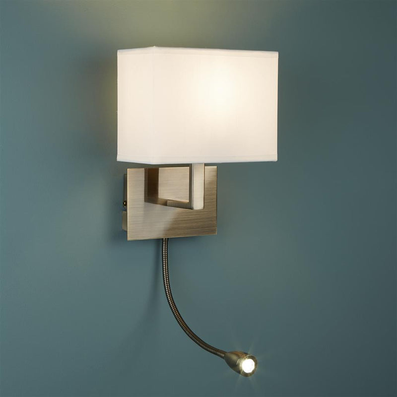 Searchlight  6519AB Hotel Wall Light- Antique Brass Metal & White Fabric