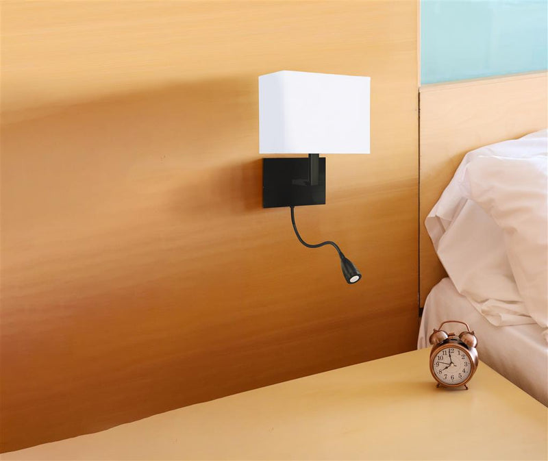 Searchlight  6519BK Hotel Wall Light - Matt Black Metal & White Fabric Shade