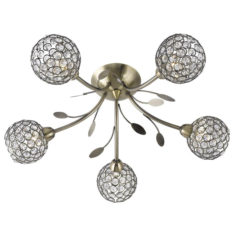 Searchlight  6575-5AB Bellis II 5Lt Semi-Flush -Antique Brass & Clear Glass
