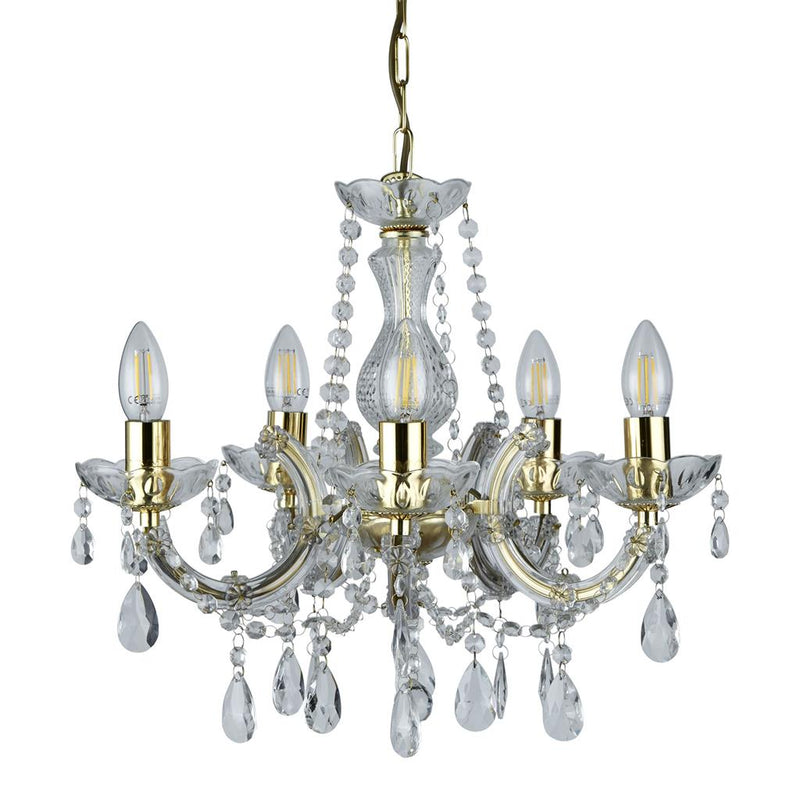 Searchlight  699-5 Marie Therese 5Lt Pendant - Polished Brass & Clear Crystal