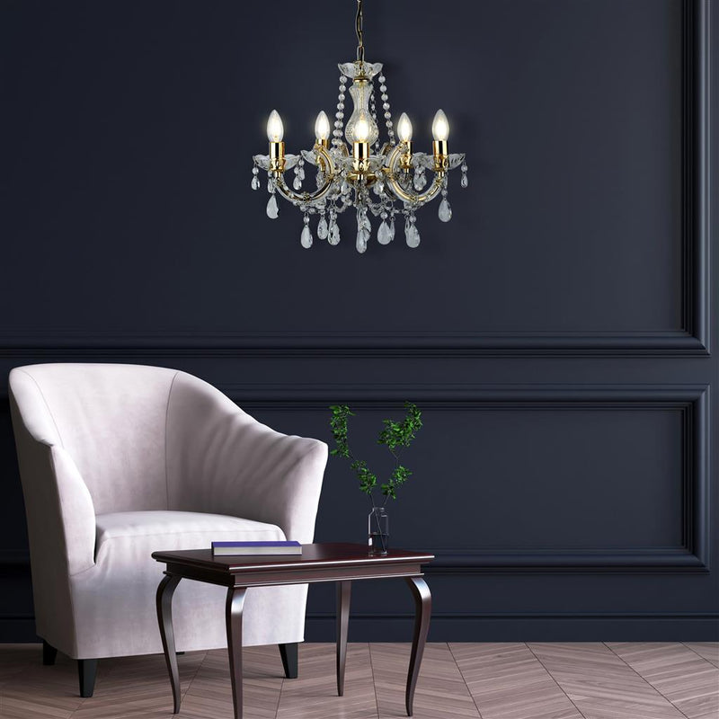 Searchlight  699-5 Marie Therese 5Lt Pendant - Polished Brass & Clear Crystal