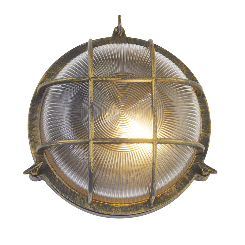 Searchlight  61401BG Bulkhead Round Outdoor Light -Black Gold Metal & Clear Glass