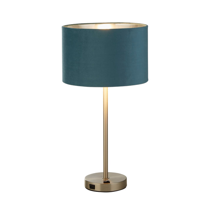 Searchlight  58911TE Finn USB Table Lamp - Satin Nickel Metal & Teal Velvet Shade