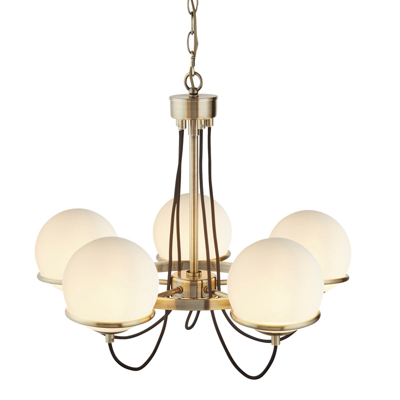 Searchlight  7095-5AB Sphere 5Lt Pendant - Antique Brass Metal & Opal Glass