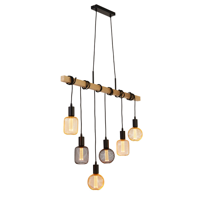 Searchlight  95041-6BR Woody  6Lt Bar Pendant - Natural Wood & Black Metal