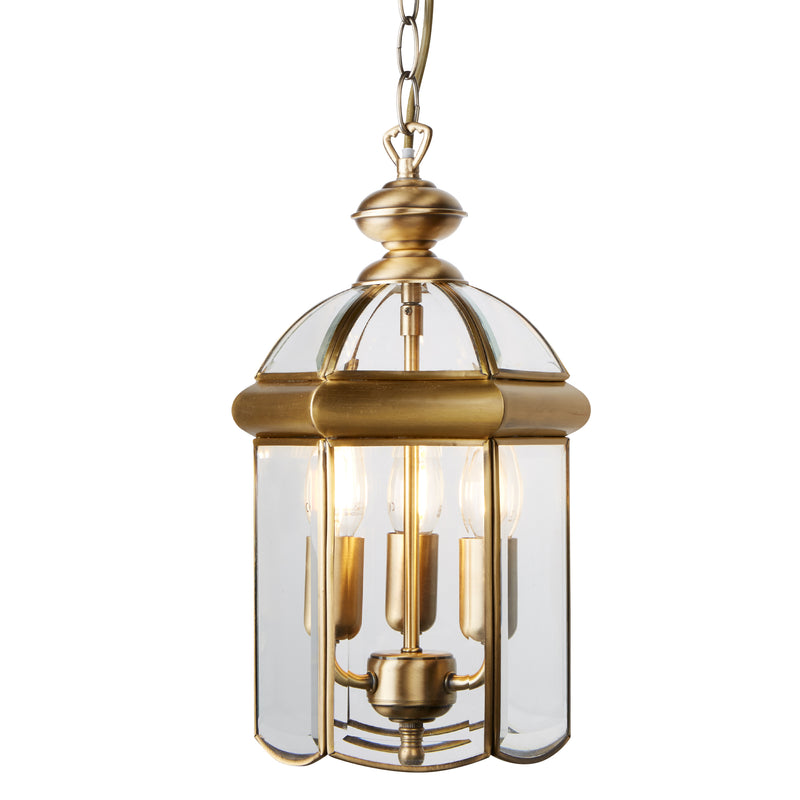 Searchlight  7133AB Bevelled Lantern 3Lt Pendant - Antique Brass Metal & Glass
