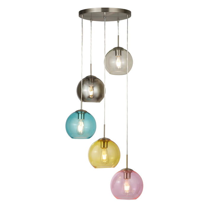 Searchlight  8135-5SS Mardi Gras 5Lt Pendant - Satin Silver Metal & Coloured Glass