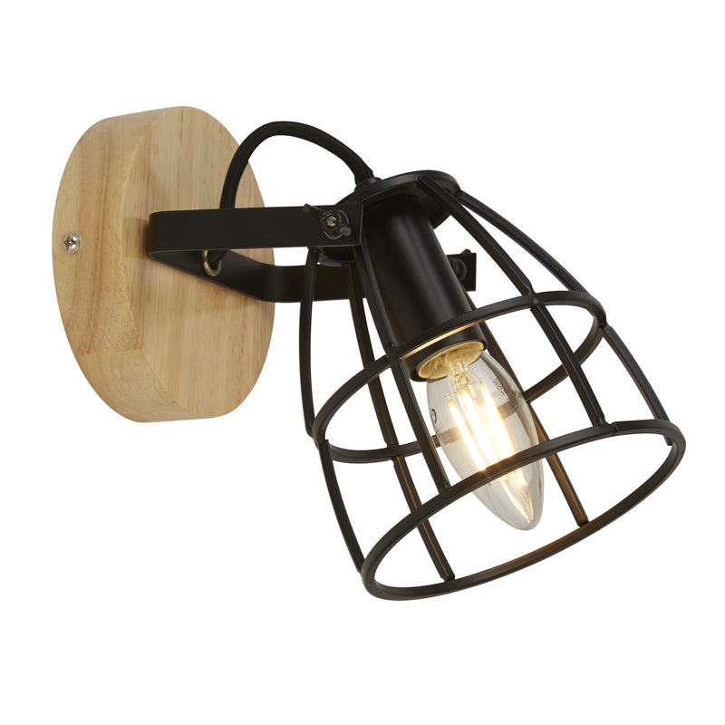 Searchlight  81698-1BK Vision Round Wall Light - Matt Black Metal & Wood