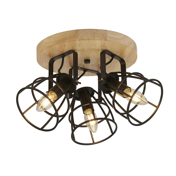 Searchlight  81698-3BK Vision 3Lt Round Ceiling Light - Matt Black Metal & Wood