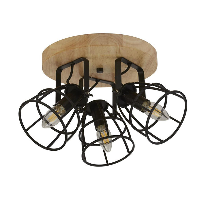 Searchlight  81698-3BK Vision 3Lt Round Ceiling Light - Matt Black Metal & Wood
