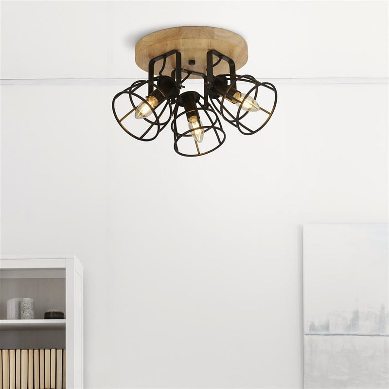 Searchlight  81698-3BK Vision 3Lt Round Ceiling Light - Matt Black Metal & Wood