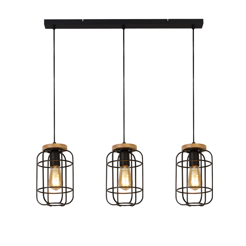 Searchlight  81953-3BK Vision 3Lt Bar Pendant - Matt Black Metal & Wood