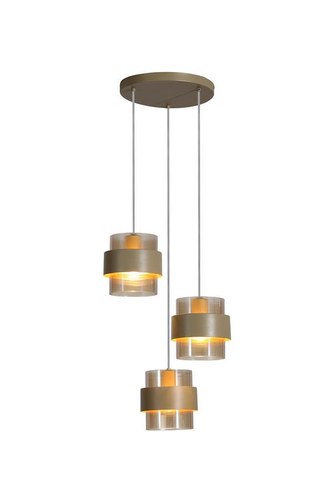 Searchlight 82433-3SA Royal 3Lt Multi Drop Pendant, Sand Metal, Amber Ribbed Glass