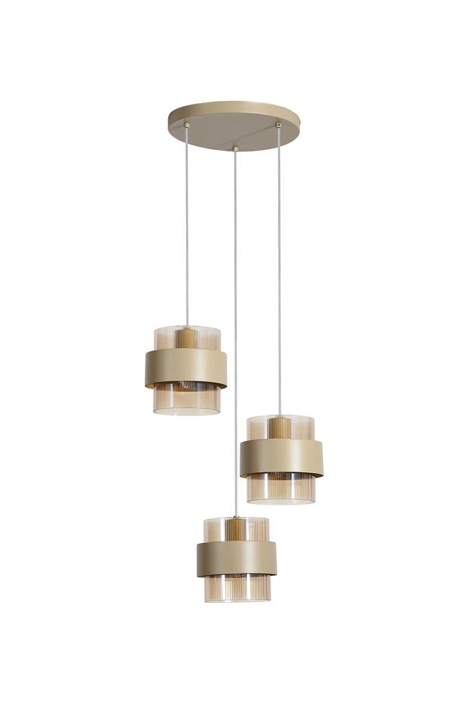 Searchlight 82433-3SA Royal 3Lt Multi Drop Pendant, Sand Metal, Amber Ribbed Glass