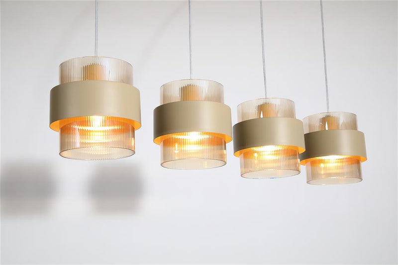 Searchlight 82434-4SA Royal 4Lt Bar Pendant, Sand Metal, Amber Ribbed Glass