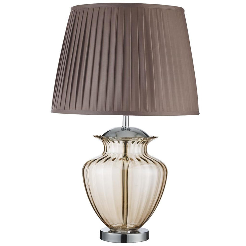 Searchlight  8531AM Elina Table Lamp - Chrome Metal, Amber Glass & Brown Shade