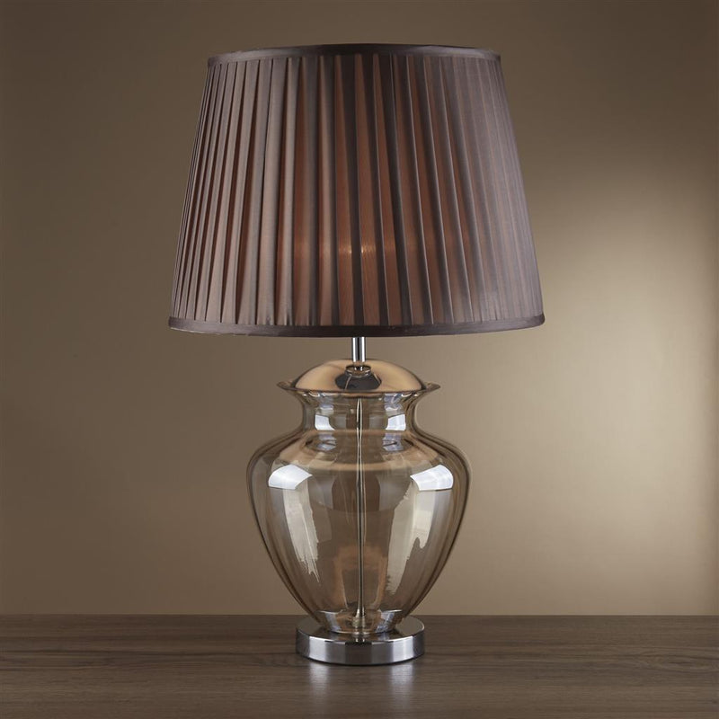 Searchlight  8531AM Elina Table Lamp - Chrome Metal, Amber Glass & Brown Shade