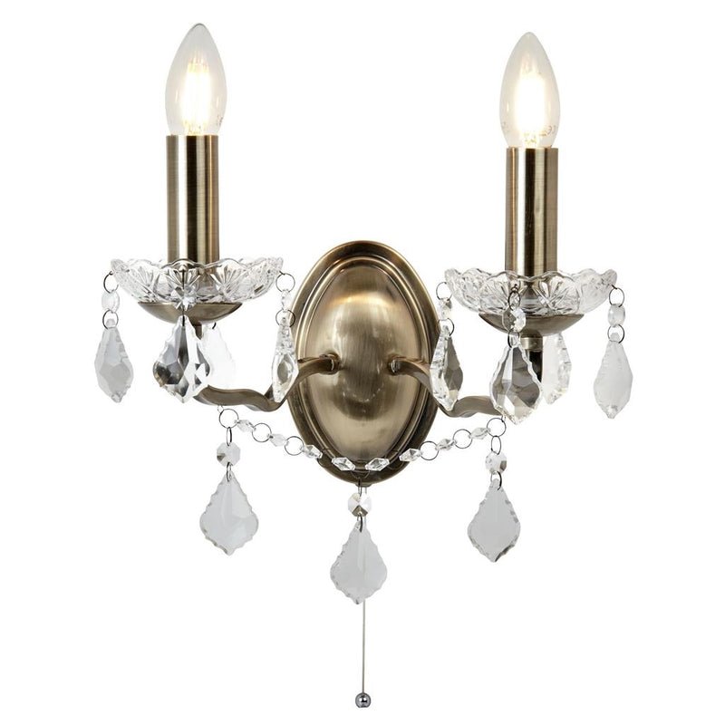 Searchlight  8732-2AB Paris 2Lt Wall Light - Antique Brass Metal & Clear Crystal