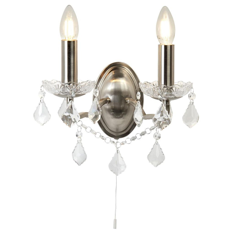 Searchlight  8732-2SS Paris 2Lt Wall Light - Satin Silver & Clear Crystal Drops