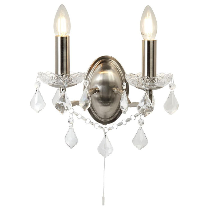 Searchlight  8732-2SS Paris 2Lt Wall Light - Satin Silver & Clear Crystal Drops