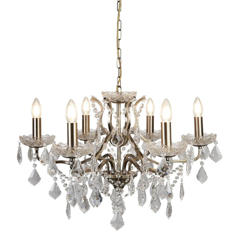 Searchlight  8736-6AB Paris  6Lt Chandelier - Antique Brass Metal & Clear Crystal