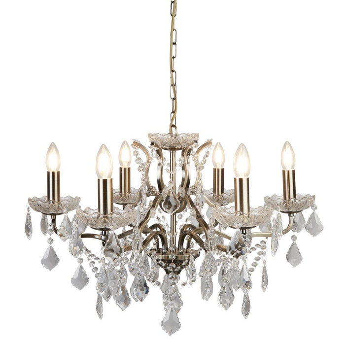 Searchlight  8736-6AB Paris  6Lt Chandelier - Antique Brass Metal & Clear Crystal