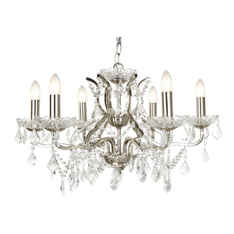 Searchlight  8736-6SS Paris  6Lt Chandelier - Satin Silver Metal & Clear Crystal