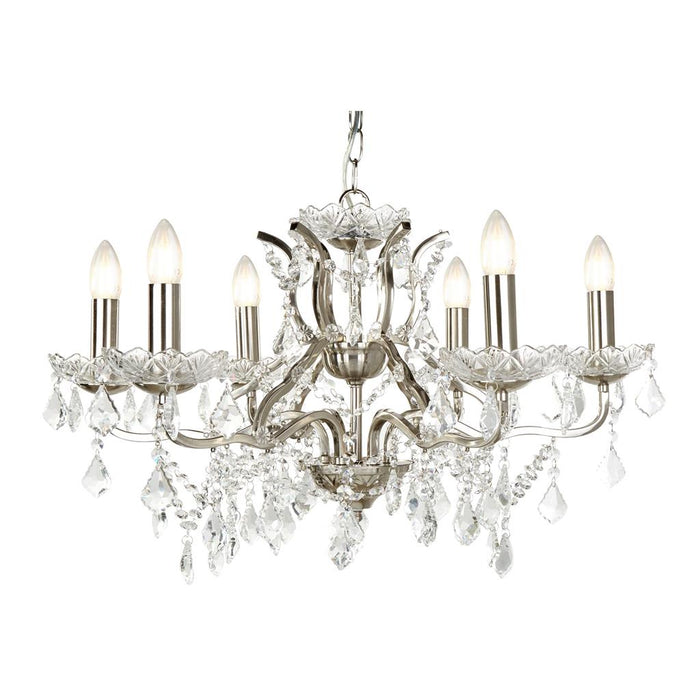 Searchlight  8736-6SS Paris  6Lt Chandelier - Satin Silver Metal & Clear Crystal