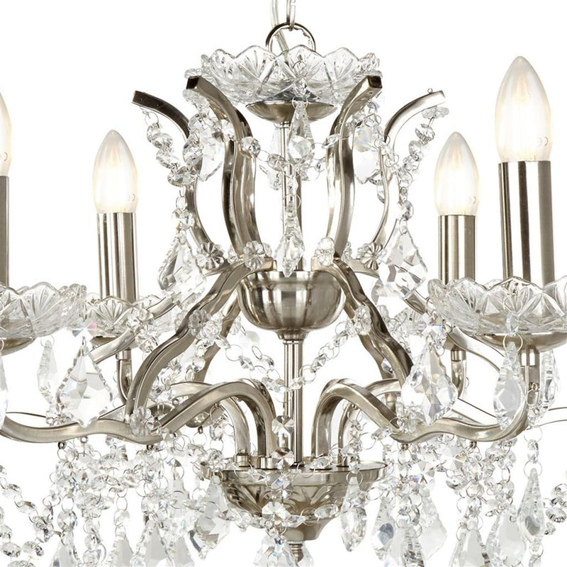 Searchlight  8736-6SS Paris  6Lt Chandelier - Satin Silver Metal & Clear Crystal