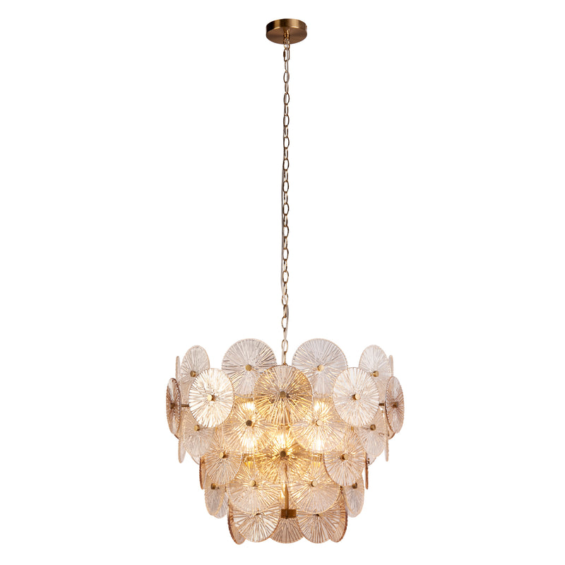 Searchlight  88210-9BZ Wagon Wheel 9Lt Pendant - Bronze Metal, Clear & Amber Glass