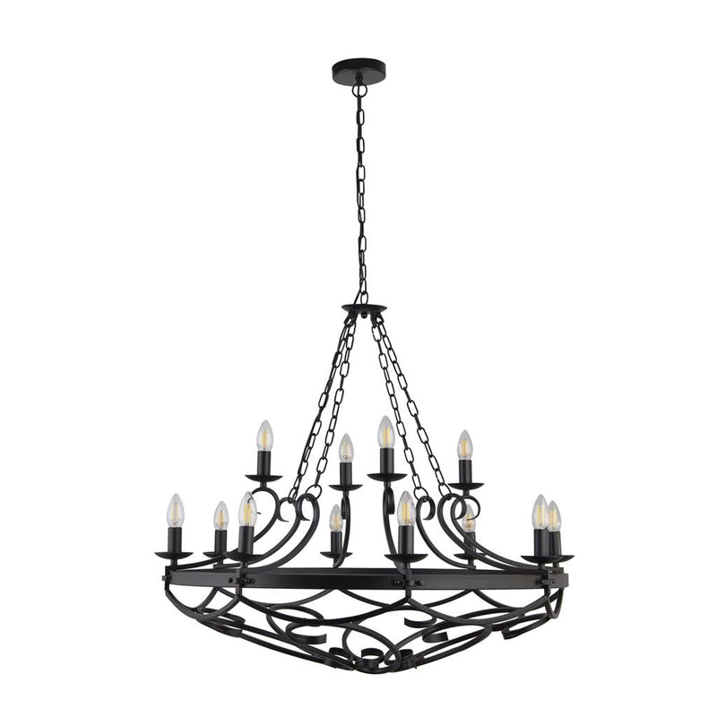 Searchlight  8912-12BK Cartwheel III 12Lt Pendant - Black Wrought Iron