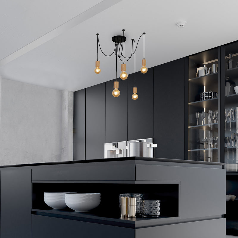 Searchlight  50213-5NA Spinny 5Lt Pendant - Wood & Matt Black Metal