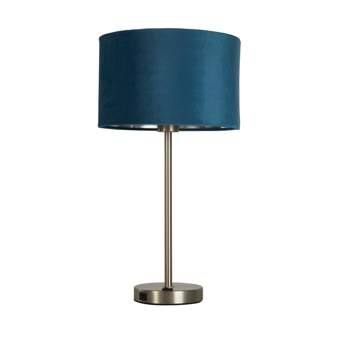 Searchlight  58911TE Finn USB Table Lamp - Satin Nickel Metal & Teal Velvet Shade