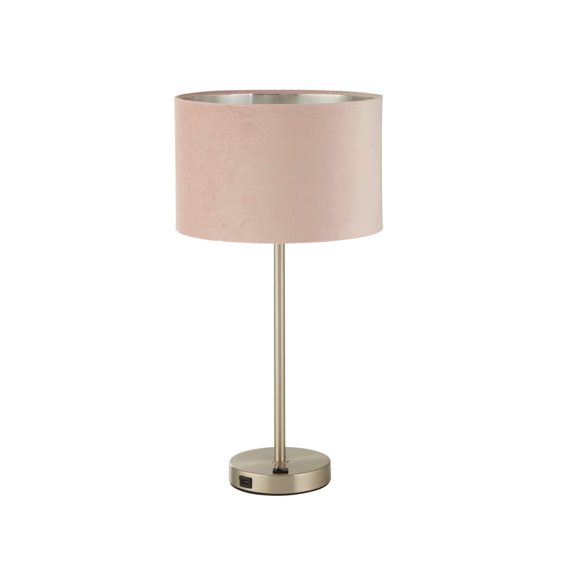 Searchlight  58911PI Finn USB Table Lamp - Satin Nickel Metal & Pink Velvet Shade