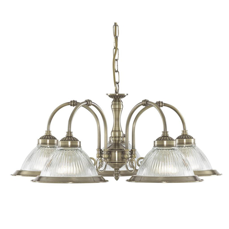 Searchlight  9345-5 American Diner 5Lt Pendant - Antique Brass & Ribbed Glass