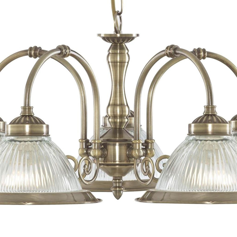 Searchlight  9345-5 American Diner 5Lt Pendant - Antique Brass & Ribbed Glass