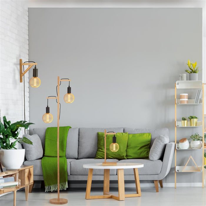 Searchlight  95041-2BR Woody  2Lt Floor Lamp  - Natural Wood & Black Metal
