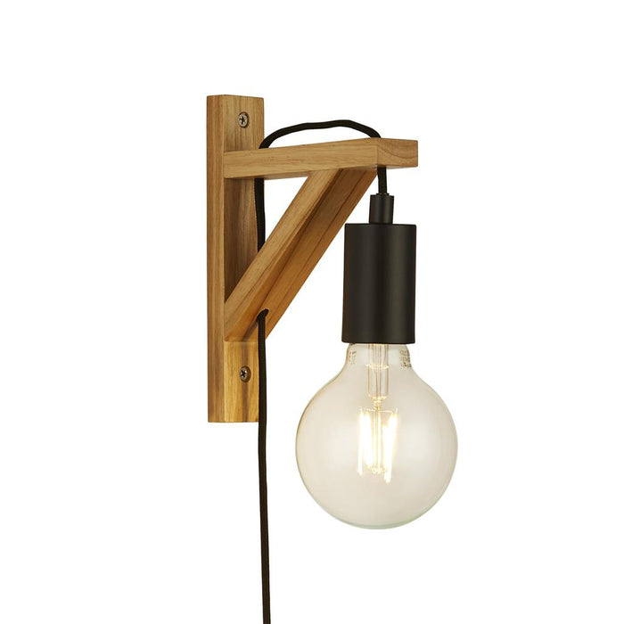 Searchlight  95042BR Woody  Plug In Wall Light  - Natural Wood & Black Metal