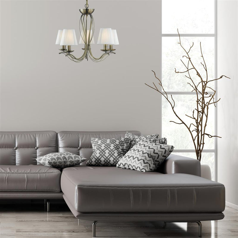 Searchlight  9825-5AB Andretti 5Lt Pendant-Antique Brass & Ivory String Fabric
