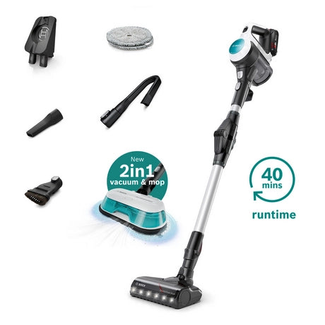 Bosch BCS71HYGGB ProAqua Cordless Vacuum Cleaner - 40 Minutes Run Time - White - PLUS Additional Battery - Bonus Superstore